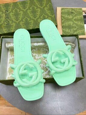 Gucci Womens Interlocking Sandals Slides Rubber 8 Pale Blue New